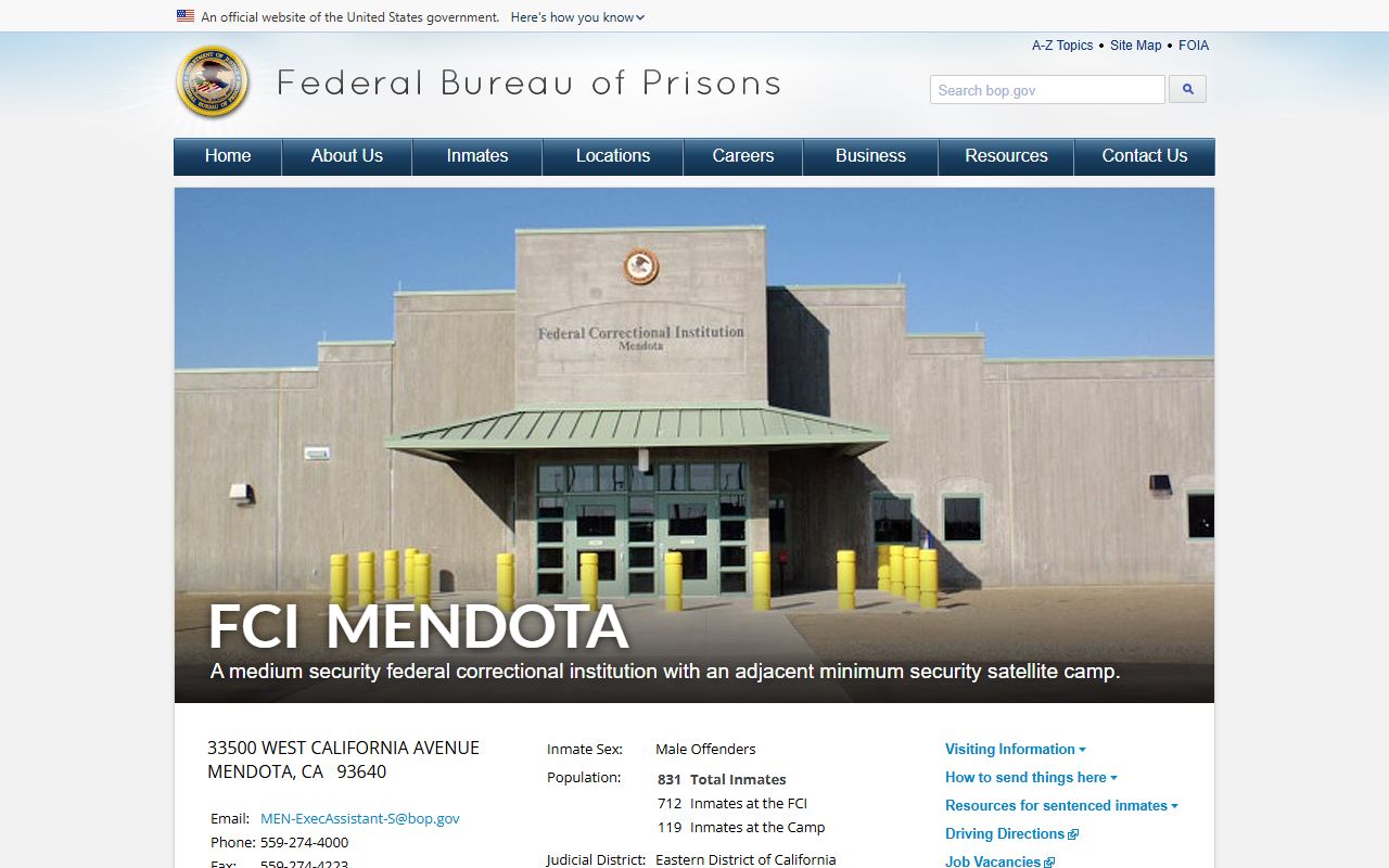 BOP FCI Mendota official facility page