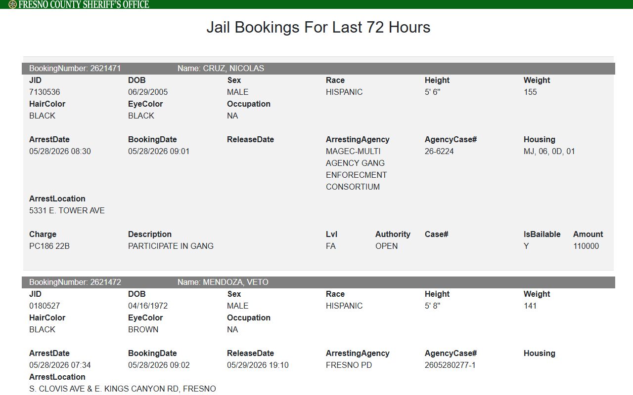 Fresno Sheriff booking blotter application