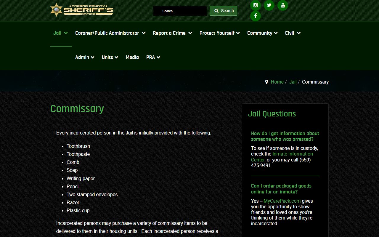 Fresno County Sheriff's commissary page with TouchPay and MyCarePack information