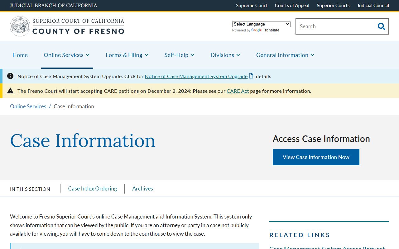 Fresno Superior Court case information page with public portal link