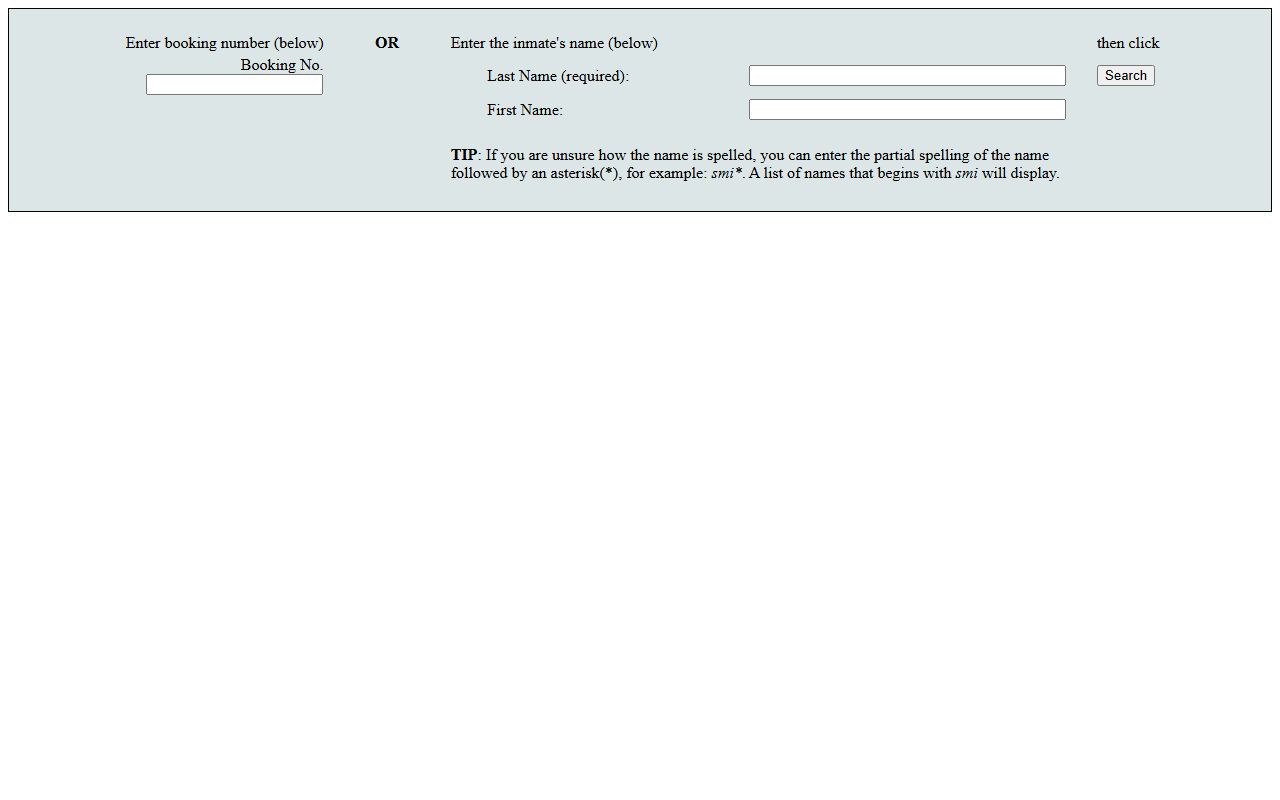 Fresno County inmate search form with booking number and name fields
