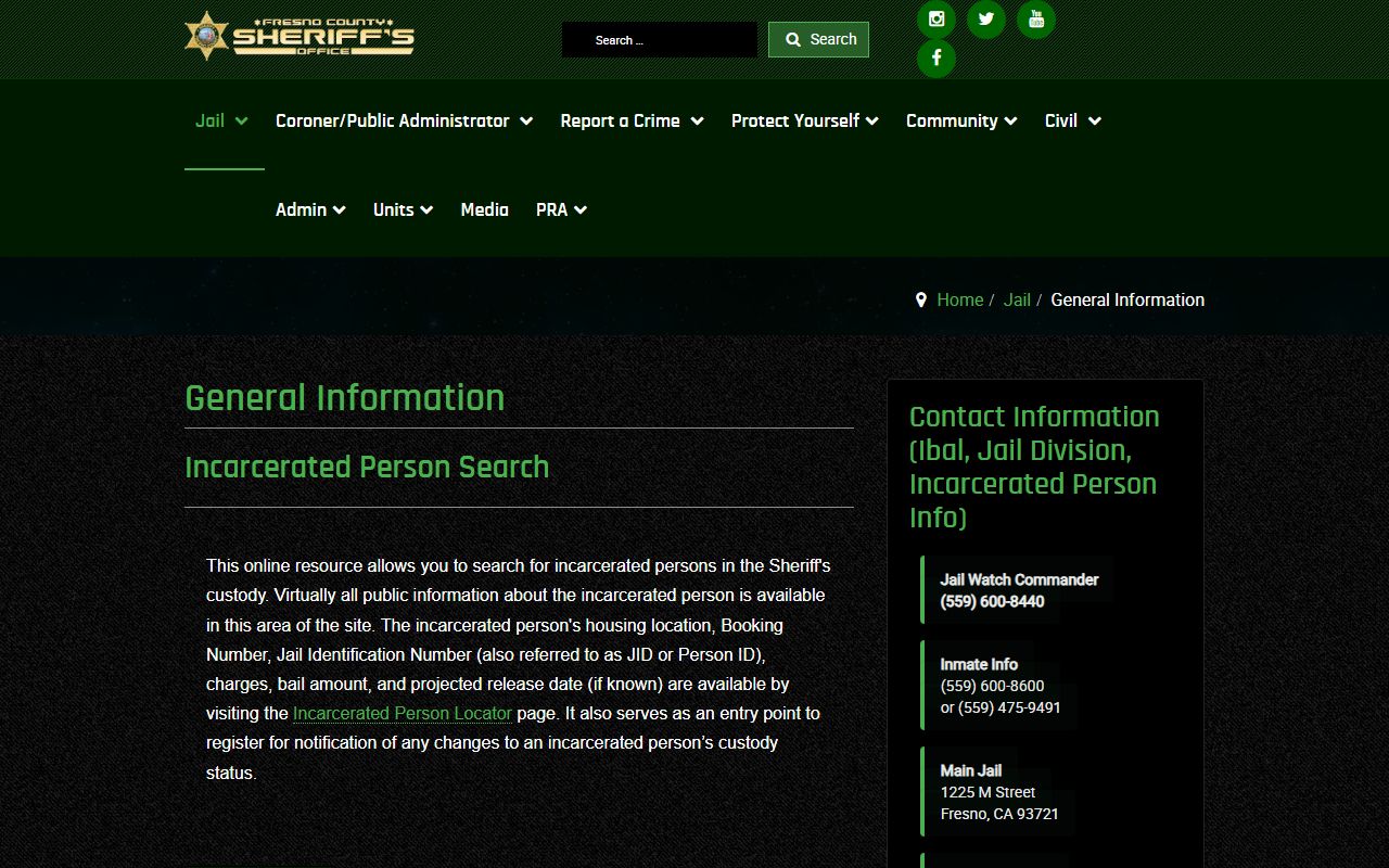 Fresno Sheriff incarcerated person search information page