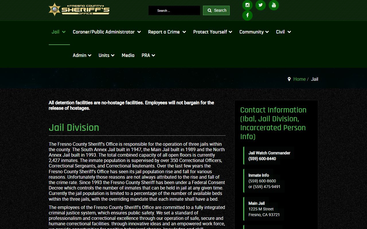 Fresno County Sheriff's jail overview page describing the county jail system