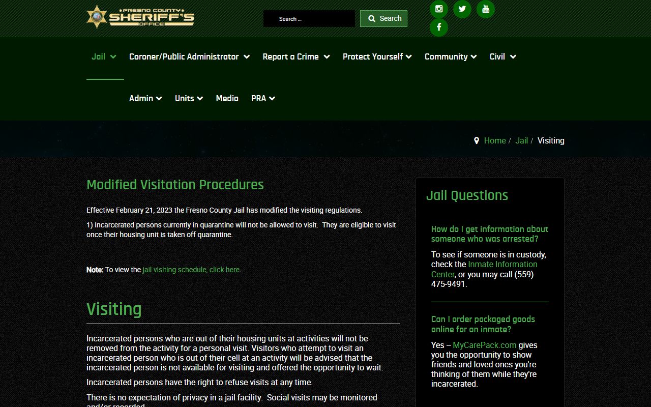 Fresno County jail visiting rules page with visitor ID and property restrictions