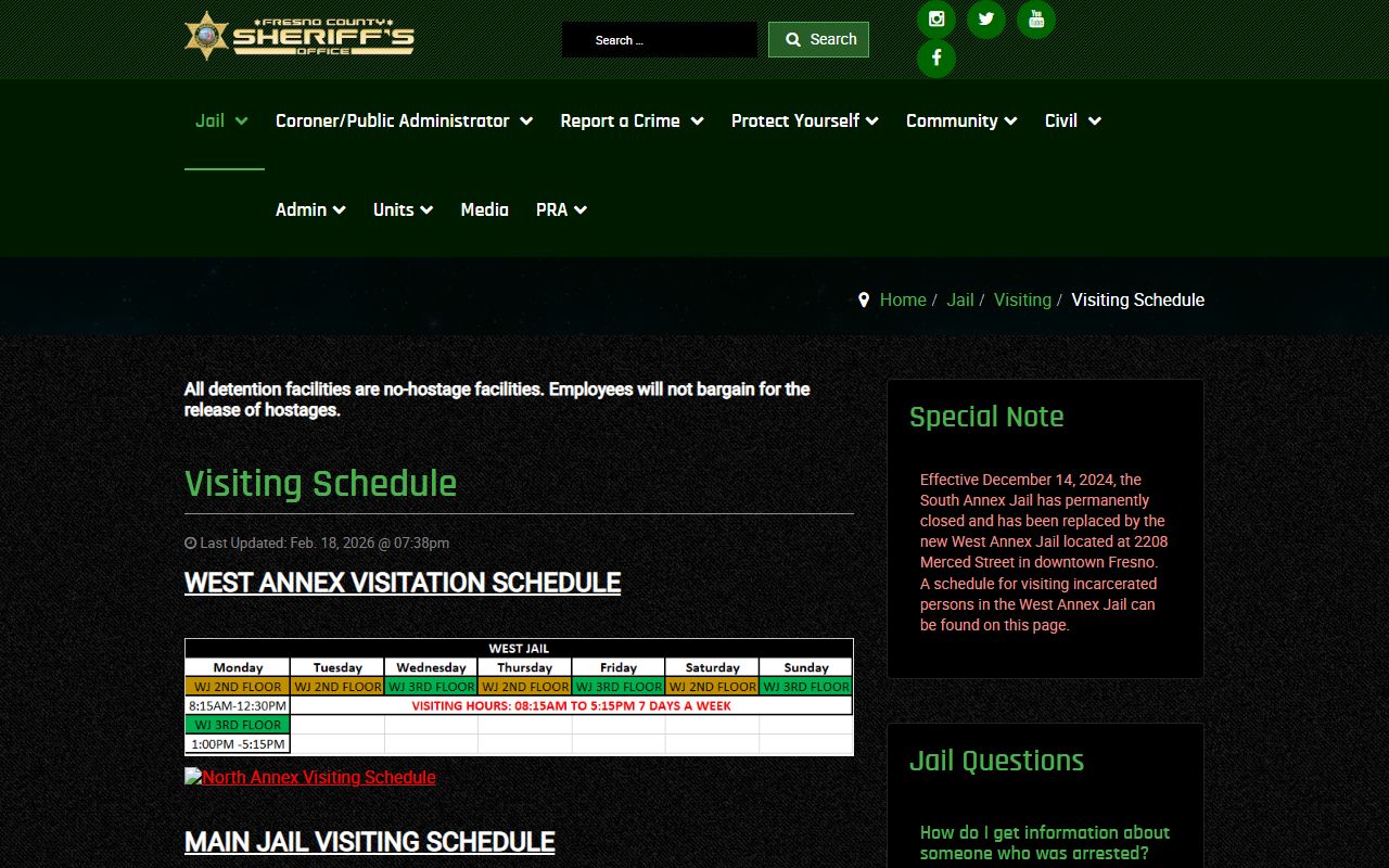 Fresno County jail visiting schedule page for Main, North Annex, and West Annex